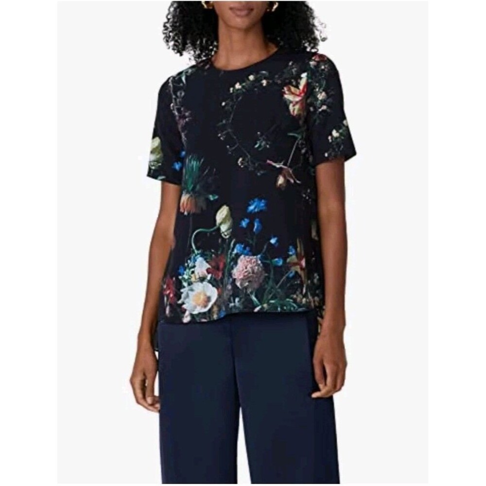 Adam Lippes Dark Floral Round Neck Short Sleeve Blouse Size 0 Oversized Romantic